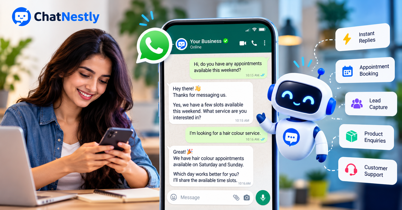 WhatsApp auto reply messages for business with AI chatbot customer support examples